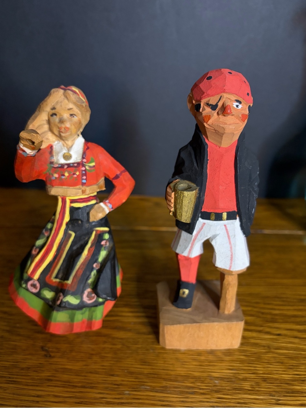 Vintage Henning Norway Hand Carved Wood Figurine Pair, Scandinavian Folk Art,